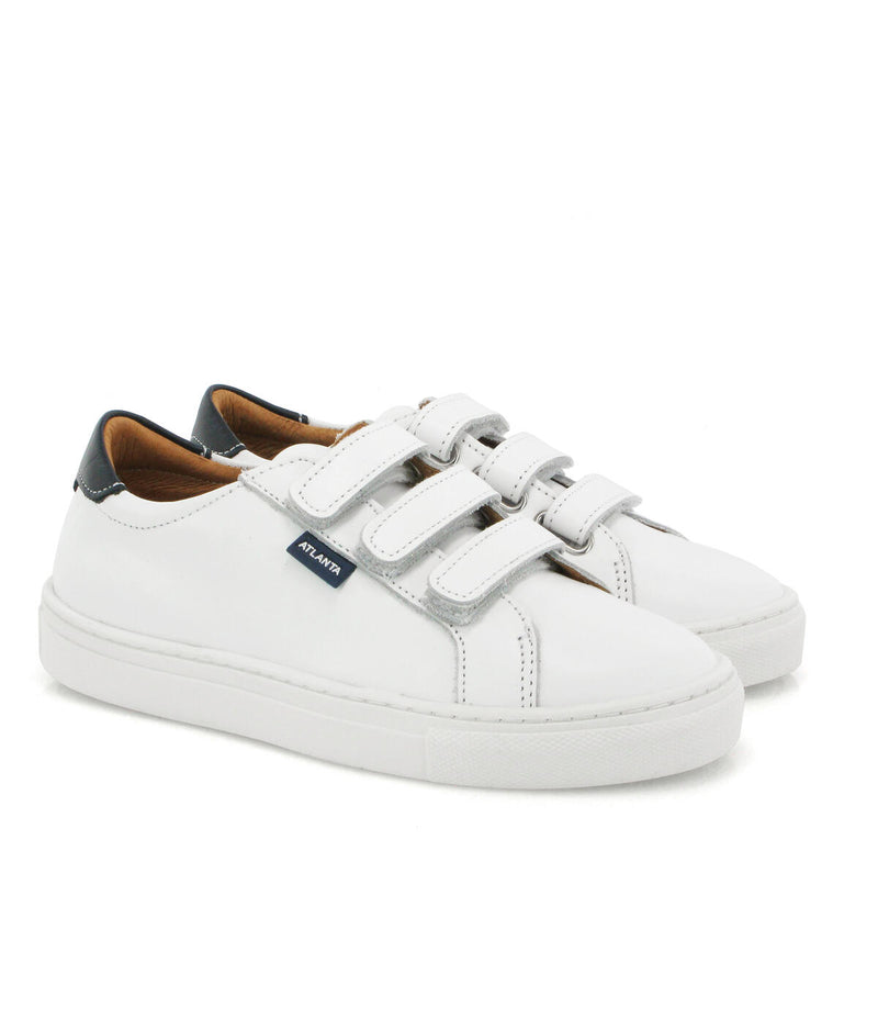 Three Straps Sneakers in Smooth Leather - White/Navy Blue - Atlanta Mocassin