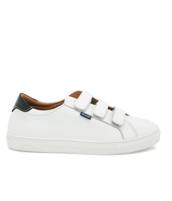 Three Straps Sneakers in Smooth Leather - White/Navy Blue - Atlanta Mocassin