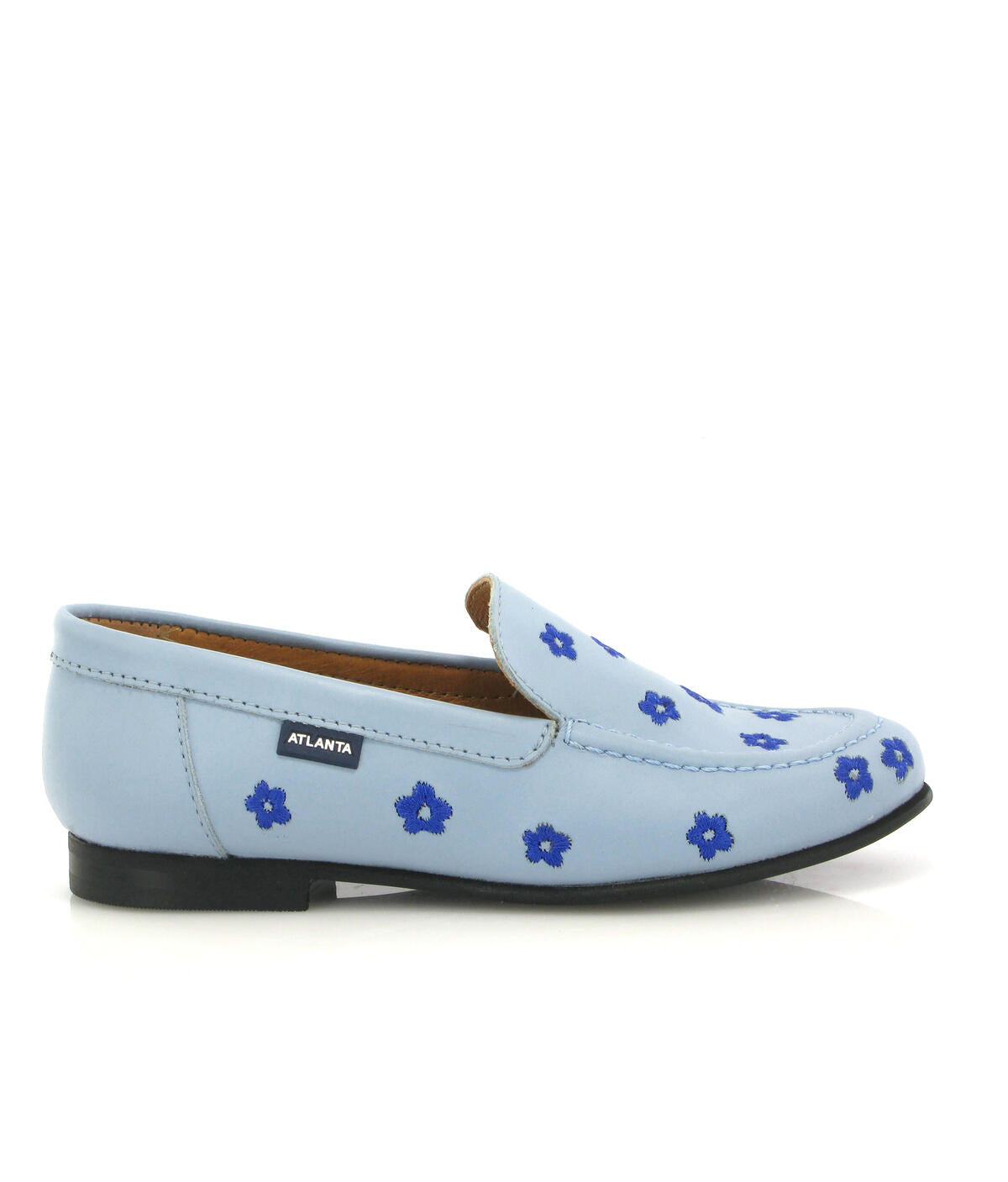 Teresa in Smooth Leather - Sky Blue/Embroidered Flowers - Atlanta Mocassin