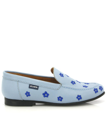 Teresa in Smooth Leather - Sky Blue/Embroidered Flowers - Atlanta Mocassin