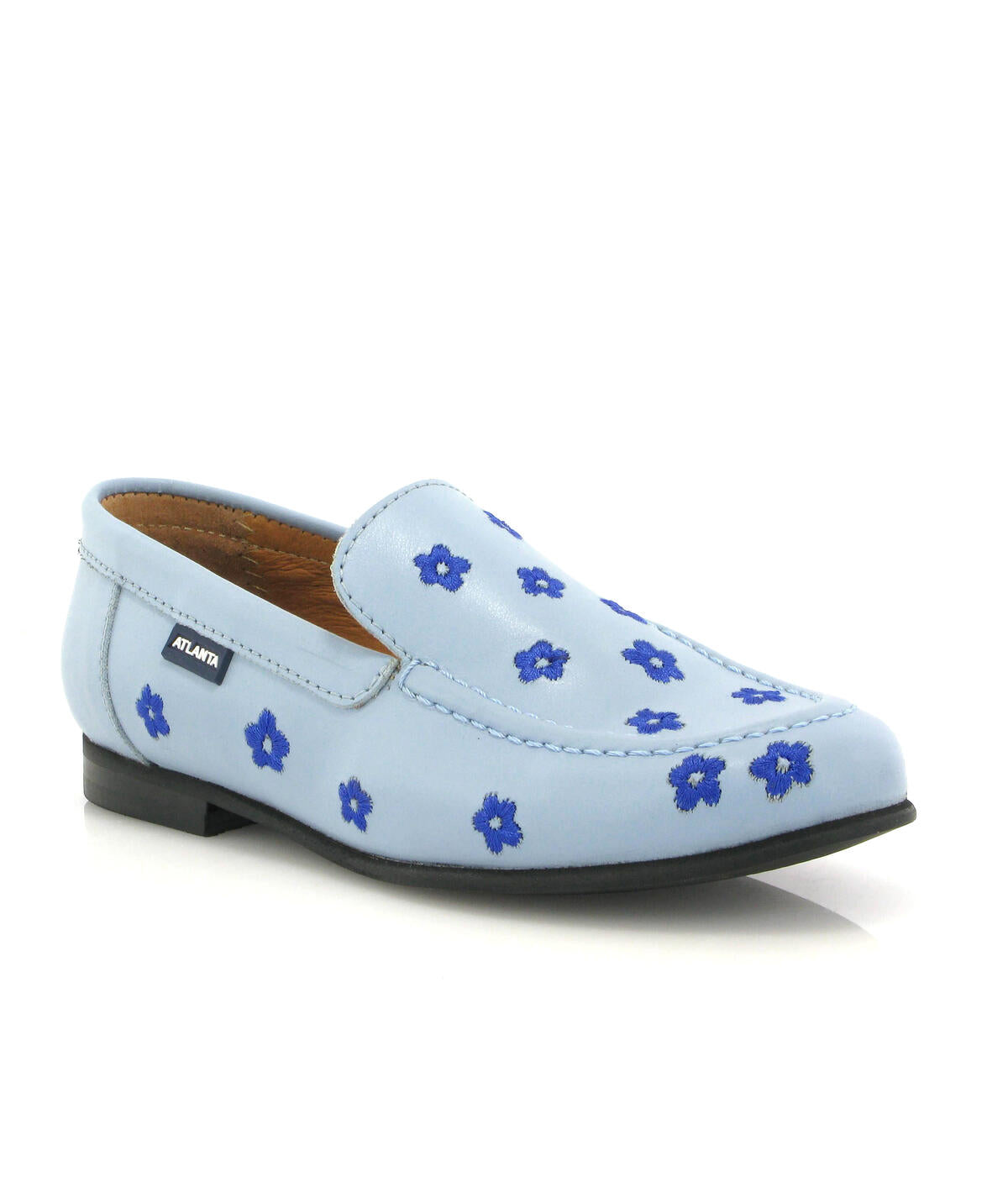 Teresa in Smooth Leather - Sky Blue/Embroidered Flowers - Atlanta Mocassin