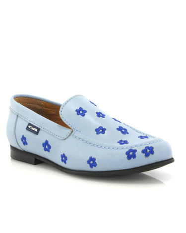 Teresa in Smooth Leather - Sky Blue/Embroidered Flowers - Atlanta Mocassin