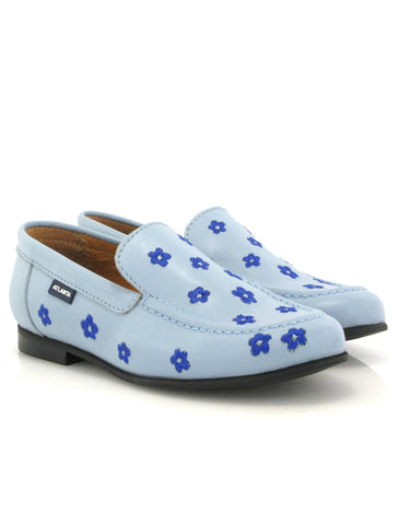 Teresa in Smooth Leather - Sky Blue/Embroidered Flowers - Atlanta Mocassin