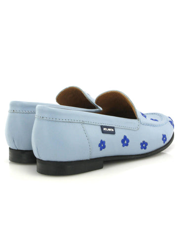 Teresa in Smooth Leather - Sky Blue/Embroidered Flowers - Atlanta Mocassin