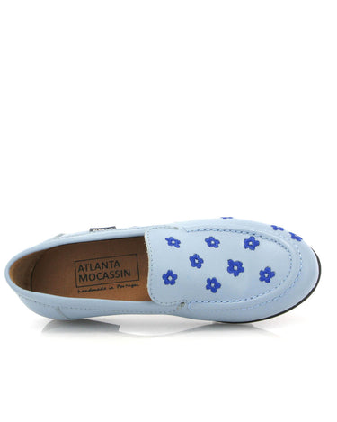 Teresa in Smooth Leather - Sky Blue/Embroidered Flowers - Atlanta Mocassin