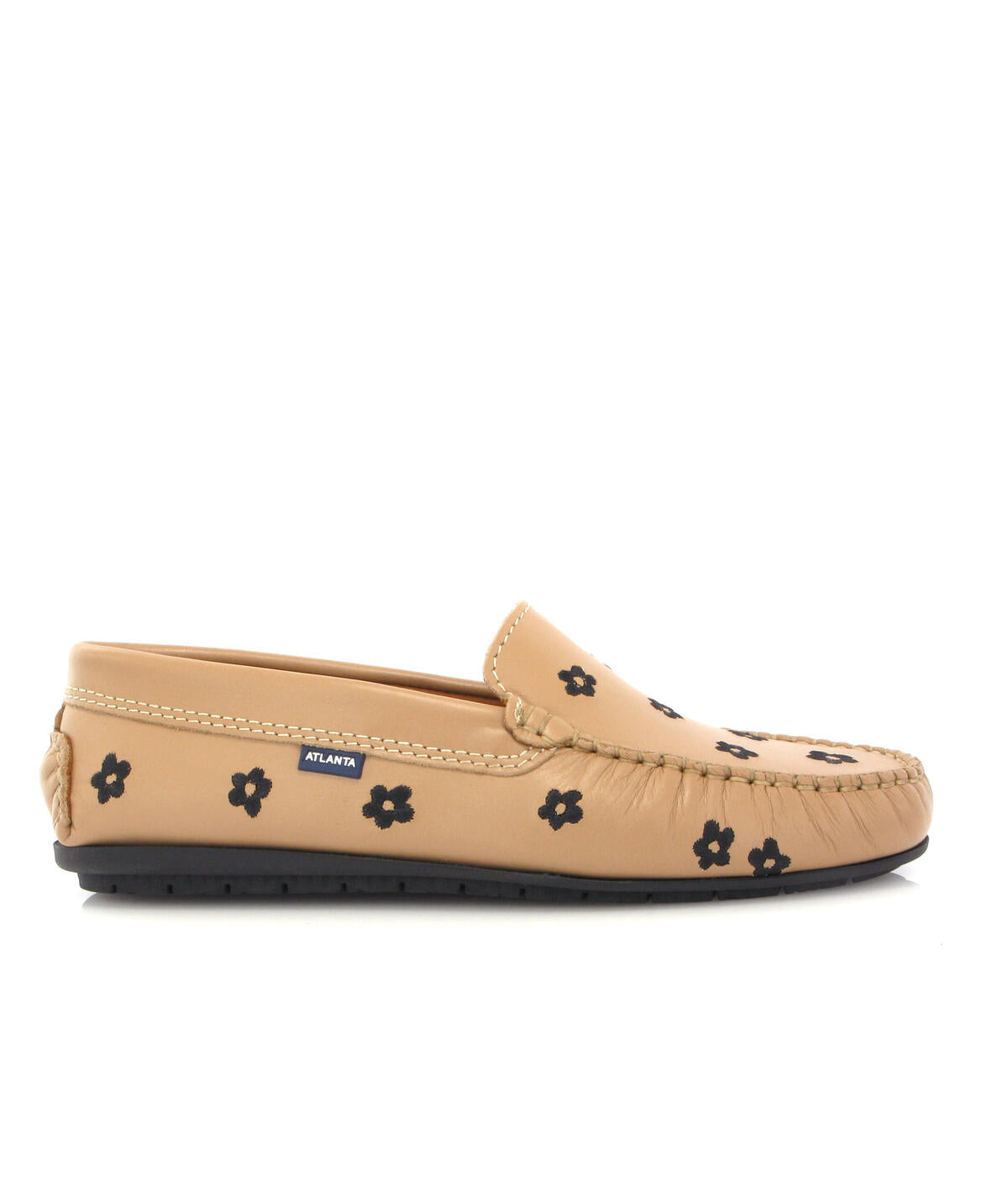 Plain Moccasins in Smooth Leather - Beige/Embroidered Flowers - Atlanta Mocassin