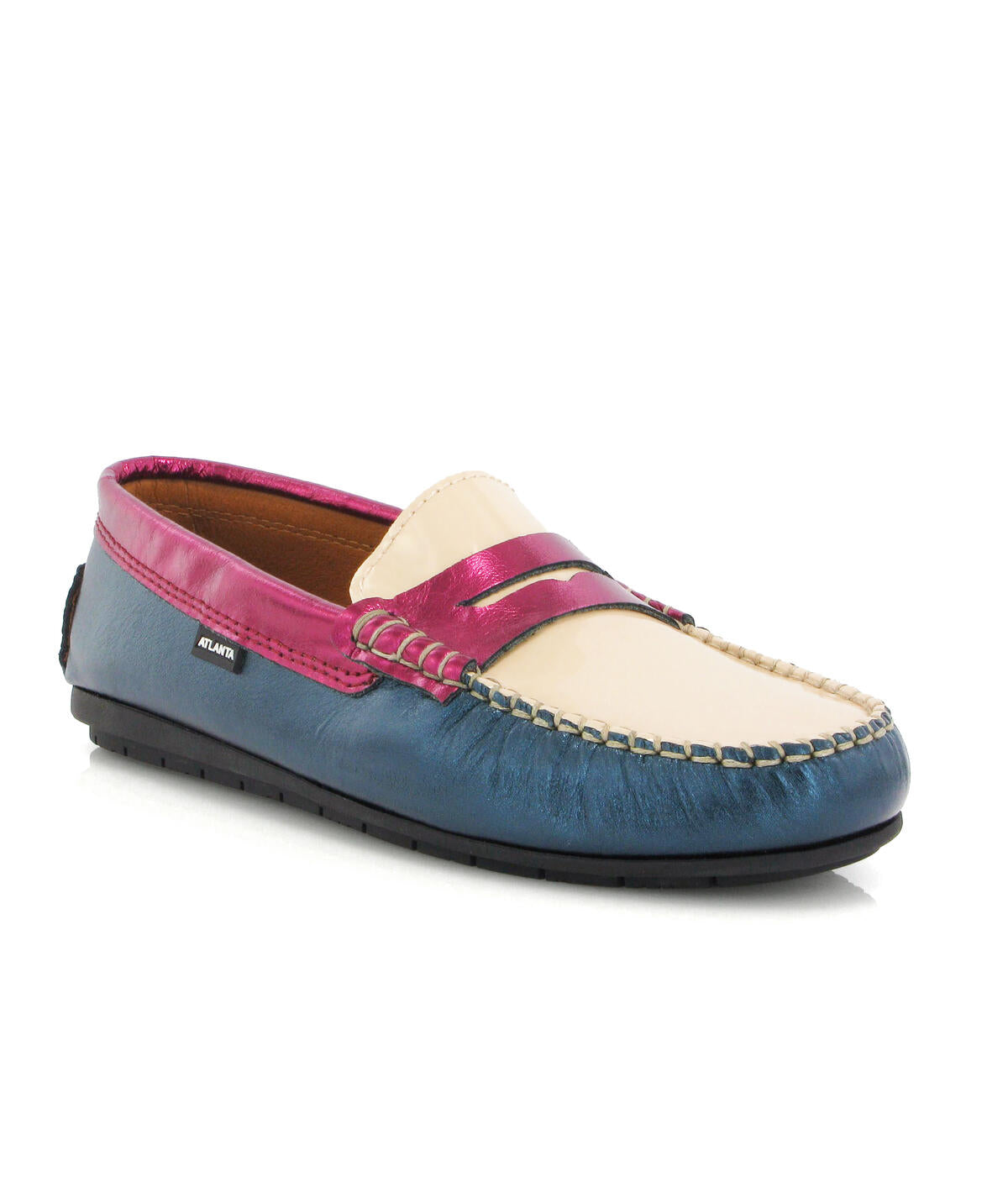 Penny Moccasins in Metallic and Patent Leathers - Petrol/Beige/Fuchsia - Atlanta Mocassin x Tema