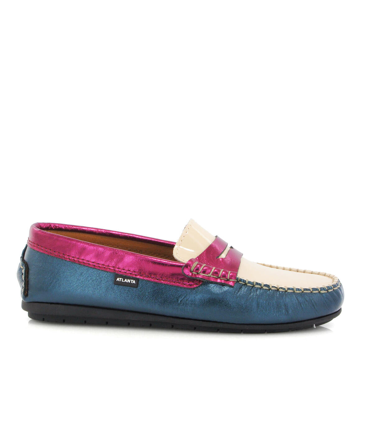 Penny Moccasins in Metallic and Patent Leathers - Petrol/Beige/Fuchsia - Atlanta Mocassin x Tema