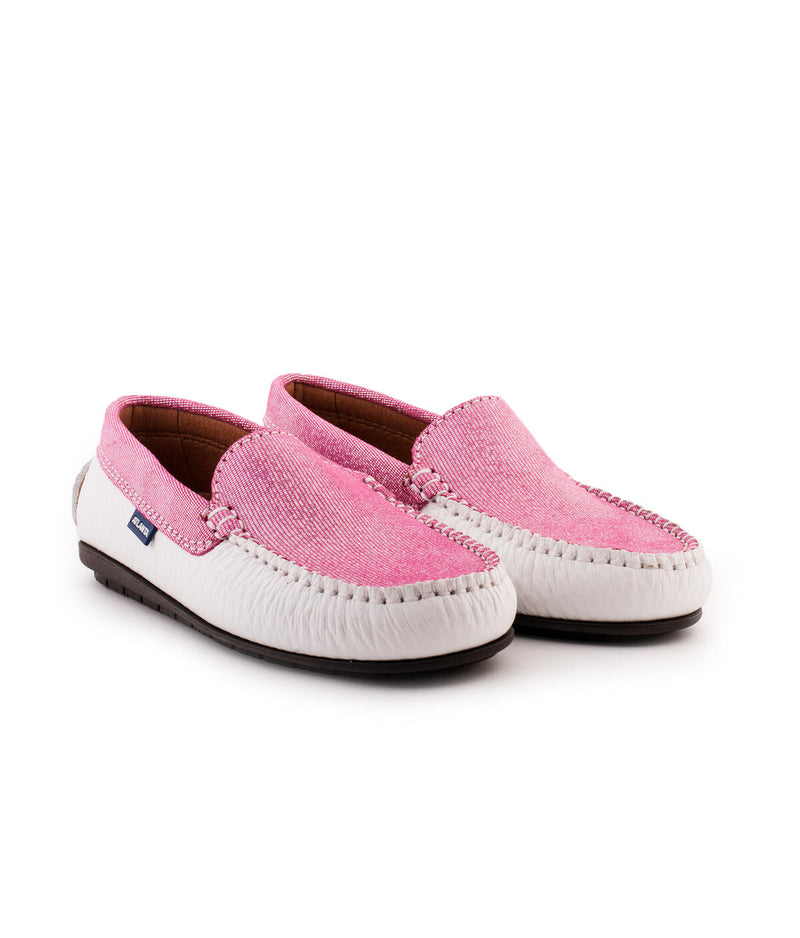 Plain Moccasins in Grainy and Shiny Leather - White/Pink - Atlanta Mocassin