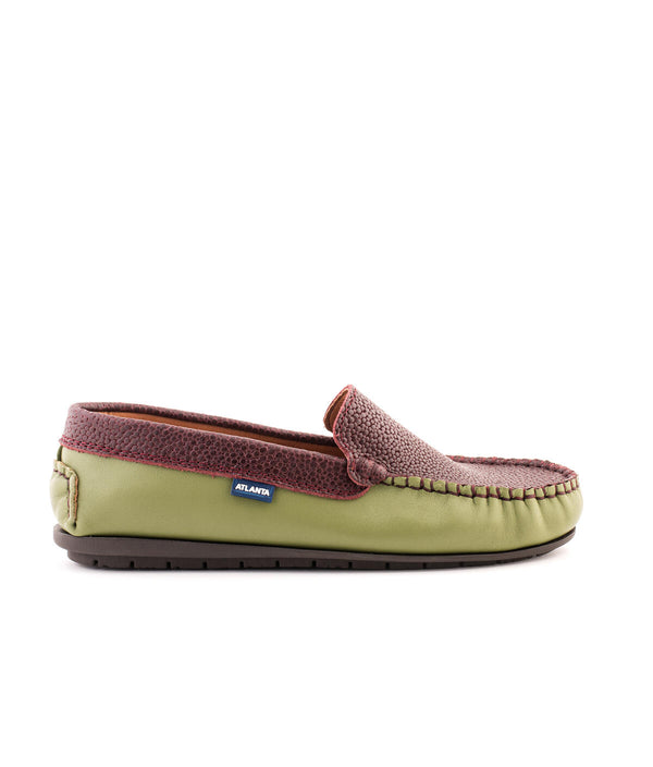 Plain Moccasins in Smooth and Grainy Leather - Olive & Wine - Atlanta Mocassin