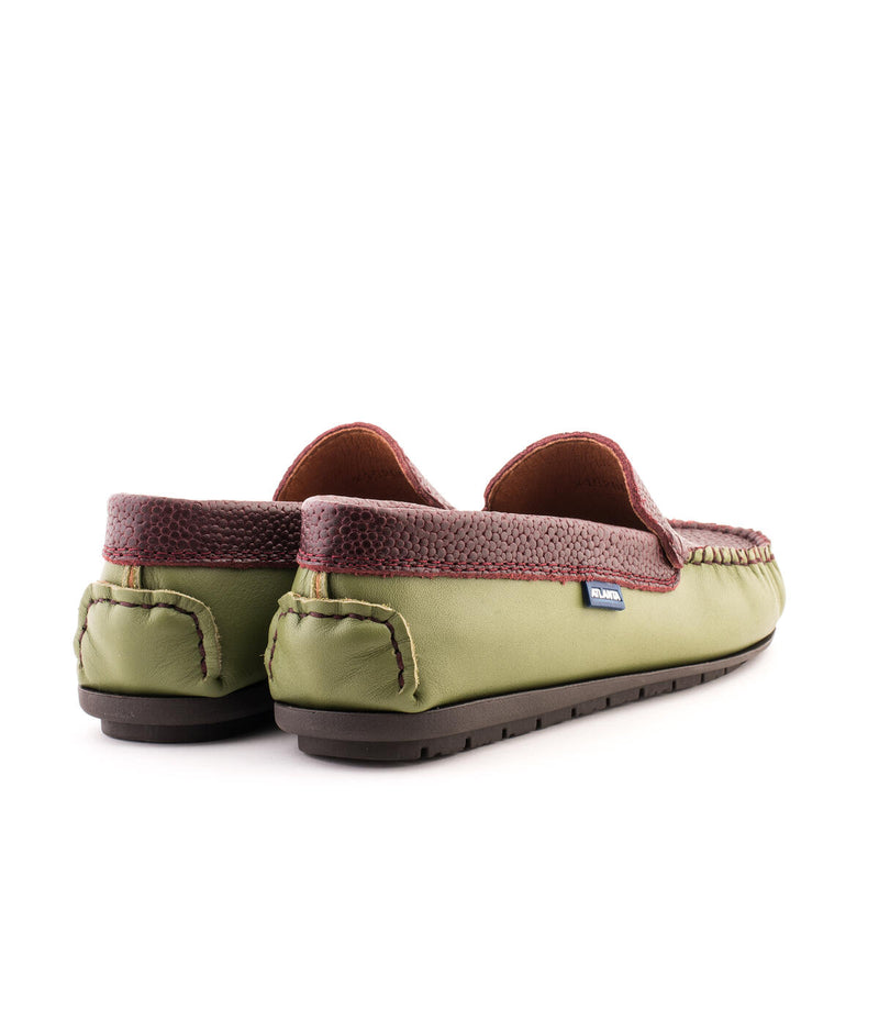 Plain Moccasins in Smooth and Grainy Leathers - Olive Green/Burgundy - Atlanta Mocassin