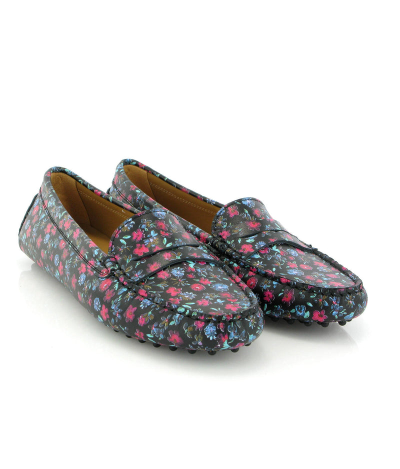 Michele Drivers in Leather - Spring Flowers Black - Atlanta Mocassin