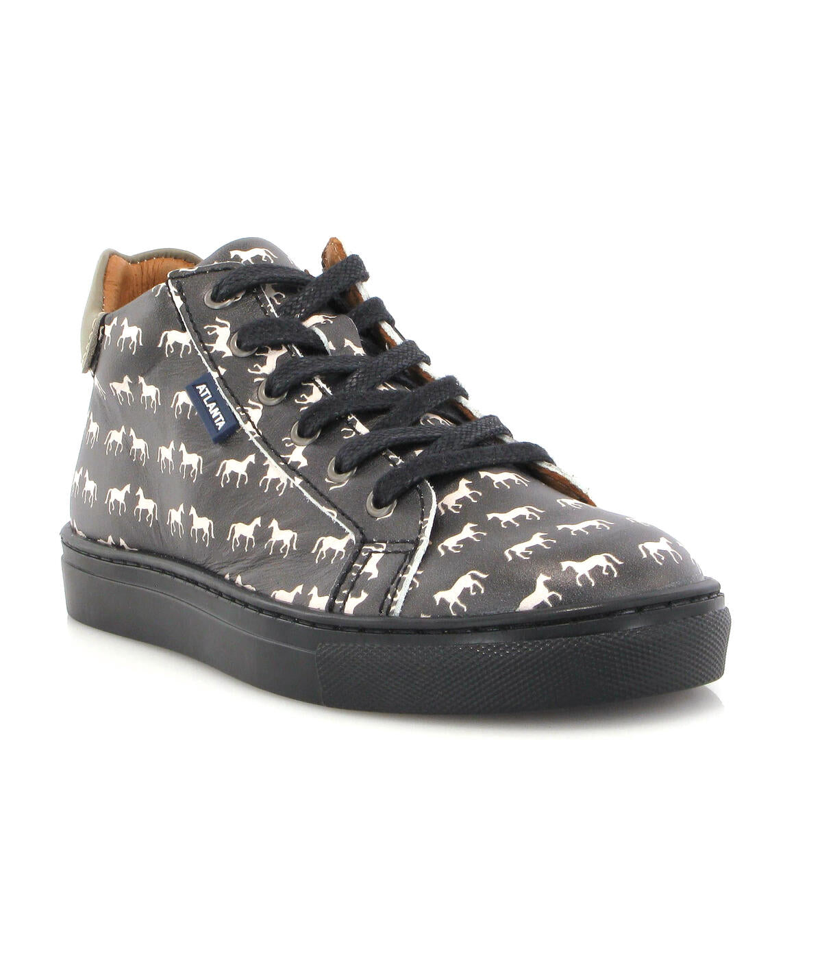 Laces Sneakers Boots in Leather - Black Horses Print - Atlanta Mocassin