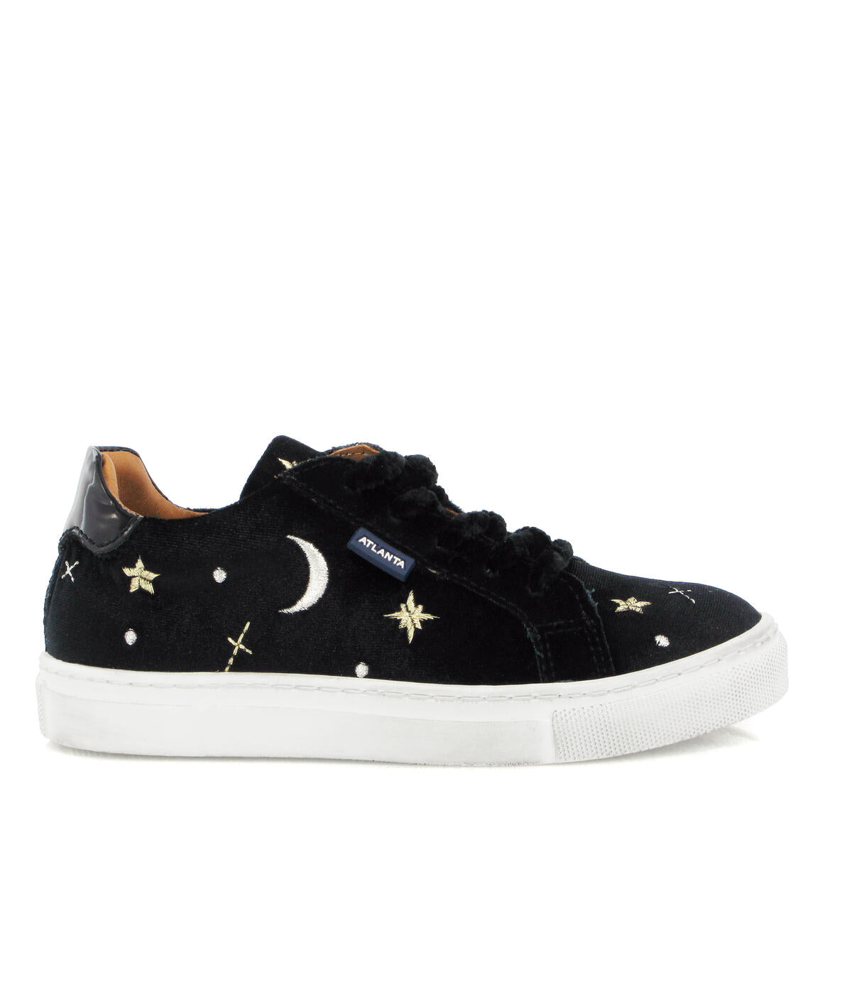 Laces and Zip Sneakers in Velvet Leather - Black/Embroidered Moon and Stars - Atlanta Mocassin