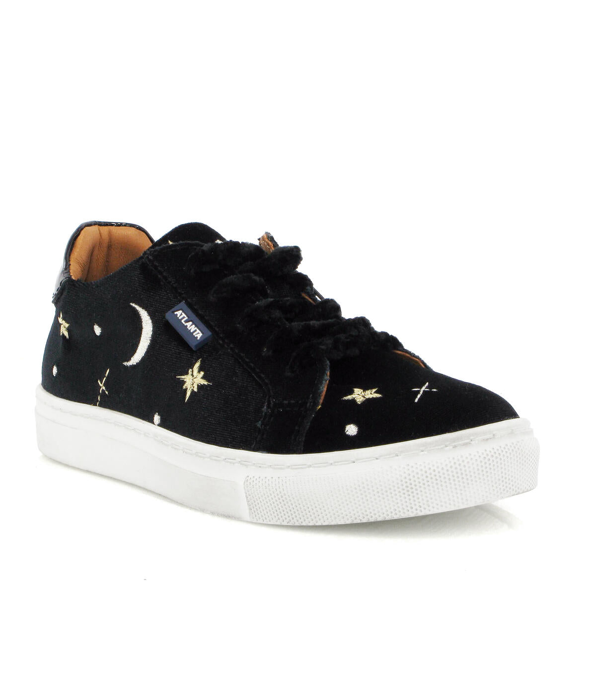 Laces and Zip Sneakers in Velvet Leather - Black/Embroidered Moon and Stars - Atlanta Mocassin