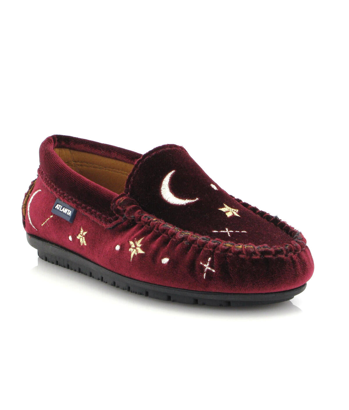 Plain Moccasins in Velvet Leather - Burgundy/Embroidered Moon and Stars - Atlanta Mocassin